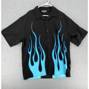 Vtg Dragonfly Blue Flames Button Shirt Mens 2XL Fire AOP Y2K Korea Made